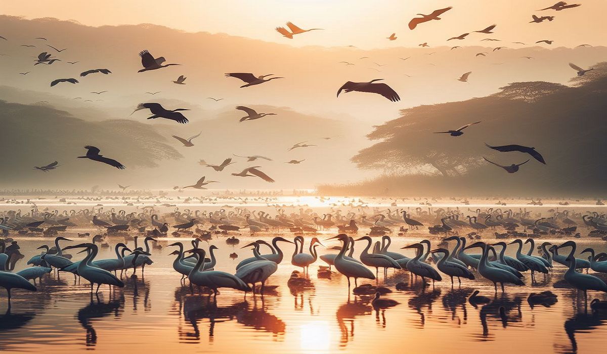 Migratory birds in lake