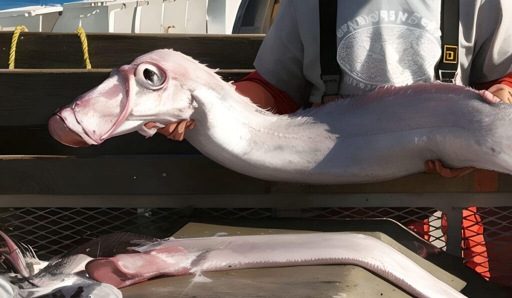 toothless oarfish handled by fisherman